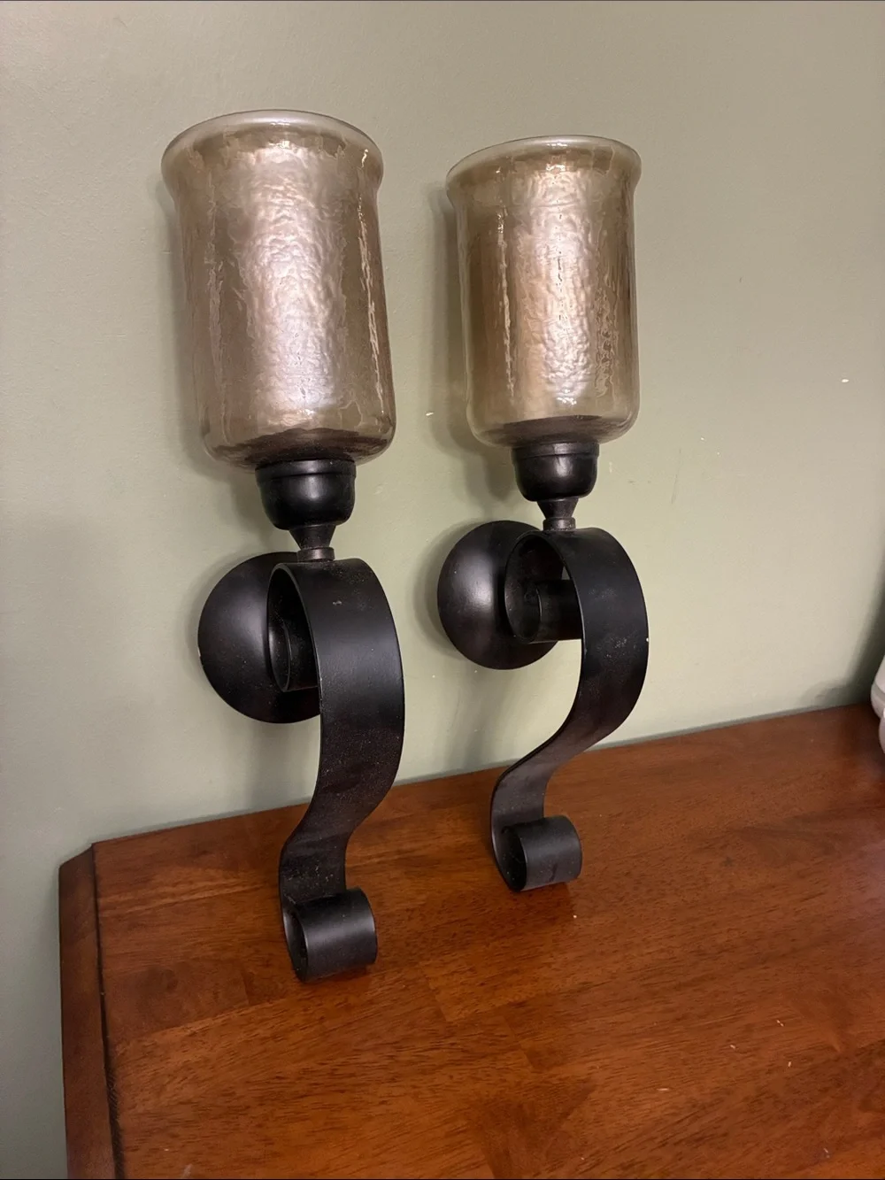 Decorative Black Wall Sconce Pair with Amber Glass Shades, beautiful